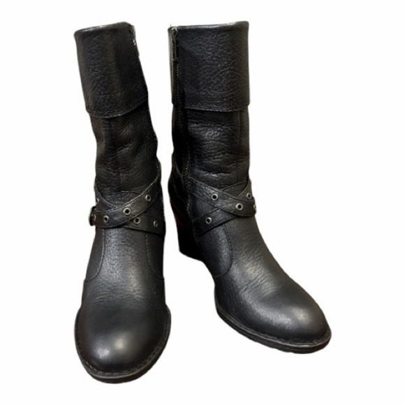 Born Boots Gilary Style Black Leather, Chunky Heel, Cuffed, Moto - Picture 1 of 8